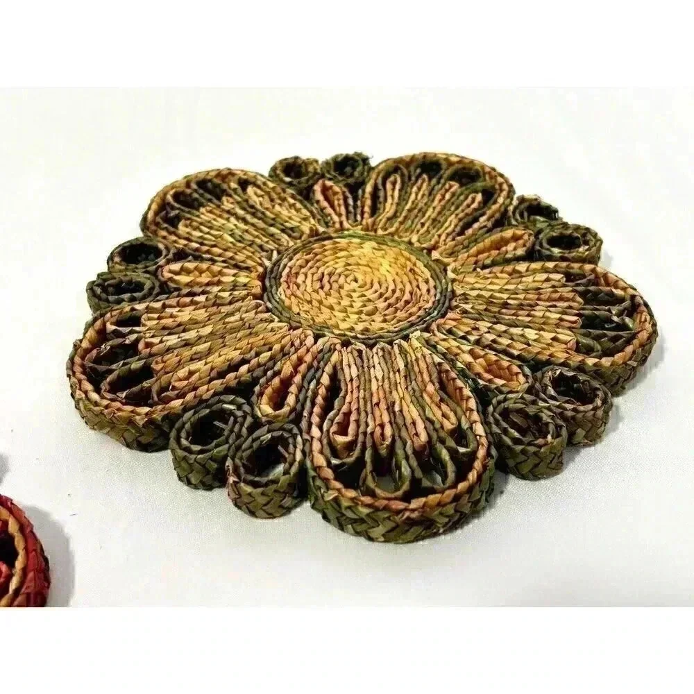 Vtg Staw Rattan Woven‎ Kitchen Trivets Braided Boho Multicolor 8
